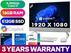 Dell Inspiron 24 5420 13th Gen Intel Core i7-1355U up to 5.00GHz Processor, 12MB Cache, 10x Cores, 12x Threads / 16GB DDR4 RAM / 512GB Ultra-Fast NVMe SSD / 23.8" FHD (1920 x 1080) Anti-Glare Display / Integrated Intel Iris Xe Graphics, DirectX 12 Support / <span style="font-size: 20px; color: #00BFFF; font-weight: bold;">Windows 11 Professional (64bit)</span> / Intel® Wi-Fi 6E AX211 Wireless LAN / Bluetooth 5.2 / HD Web Camera / 4x USB Type-A / 1x USB Type-C / 2x HDMI / 1 x Headphone & Microphone Audio Combo Jack / 1x RJ-45 Ethernet Port / 1x SD Card Reader / + Dell Wireless Mouse and Dell Wireless Keyboard / Dell Inspiron 24 5420 13th Gen Core i7 All-in-One PC