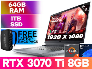 Dell Inspiron G15 15 5525 AMD Ryzen™ 7 6800H up to 4.7GHz Processor with AMD Max Boost Clock Technology, 20MB Cache, 8x Cores, 16x Threads / 64GB DDR5 RAM / 1TB Ultra-Fast NVMe SSD / 15.6" FHD (1920 x 1080) Anti-glare 165Hz Refresh Rate Display / NVIDIA 30 Series GeForce RTX 3070 Ti 8GB GDDR6 Dedicated Graphics / <span style="color:blue; font-size: 17px;">Windows 11 Professional (64bit)</span> / MediaTek Wi-Fi 6 MT7921 Wireless LAN / Bluetooth 5.0 / HD (720p) Webcam with Digital Array Microphone / Full-sized RGB Backlit Gaming Keyboard With Numeric Keypad / 3x USB 3.2 Type-A / 1x USB 3.2 Type-C / 1x HDMI 2.1 / 1x Audio Out & Mic in Combo Jack / 2x 2.5W Stereo Speakers / Dell Inspiron G15 5525 Ryzen 7 RTX 3070 Ti Gaming Laptop