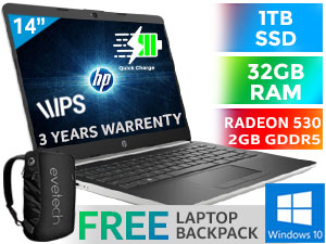 HP Notebook 14-cf2008ni 10th Gen Intel Comet Lake Core i7-10510U up to 4.9GHz Processor, 8MB Cache, 4x Cores, 8x Threads / 32GB DDR4 RAM / 1TB Ultra-Fast NVMe SSD + 1TB Hard Drive / 14" FHD 1920x1080 Anti-glare IPS-Level micro-edge Slim-Bezel Display / AMD Radeon 530 2GB GDDR5 Dedicated Graphics / Dual Band 802.11ac Wireless LAN / Bluetooth 5 / HP TrueVision HD Camera with Integrated Digital Microphone / Windows 10 Home 64bit / 2x USB 3.1 Type-A / 1x USB 3.1 Type-C / 1x HDMI / 1x Headphone And Microphone Combo Jack / Integrated 10/100/1000 GbE LAN / 1x Multi-format SD Card Reader / No DVD Drive Included / Island-style Ergonomic Keyboard / Touchpad with multi-touch gesture support / Dual speakers / Ultra-Light 1.51Kg / Up to 8 Hours And 30 Minutes Battery Life / <span style="font-size:18px; color:red;">3 YEAR ON-SITE WARRANTY</span> / Supports battery fast charge: approximately 50% in 45 minutes / HP 14 10th Gen Core i7 Laptop Deal