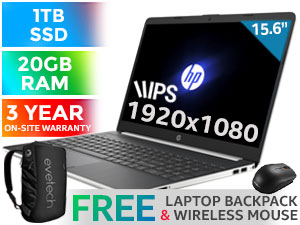 HP Notebook 15-dw0029ni 8th Gen Intel Core i7-8565U up to 4.6GHz Processor, 8MB Cache, 4x Cores, 8x Threads / 20GB DDR4 RAM / 1TB Ultra-Fast SSD + 2TB Hard Drive / 15.6" FHD 1920x1080 Anti-glare IPS-Level WLED-backlit Micro-edge Bezel Display / Integrated Intel UHD Graphics 620, DirectX 12 Support / Dual Band 802.11ac Wireless LAN / Bluetooth 4.2 / HP TrueVision HD Camera with Integrated Dual Array Digital Microphone / Windows 10 Home 64bit / 2x USB 3.1 Type-A / 1x USB 3.1 Type-C / 1x HDMI / 1x Audio In And Out Combo Jack / Integrated GbE LAN / 1x Multi-format SD Card Reader / No DVD Drive Included / Full-size Island-style Natural Silver Keyboard / Touchpad with multi-touch gesture support / Dual speakers / Ultra-light Weight 1.8kg / Up to 8 Hours Battery Life / <span style="font-size:18px; color:red;">3 YEAR ON-SITE WARRANTY</span> / Supports battery fast charge: approximately 50% in 45 minutes / HP Core i7 Laptop Deal