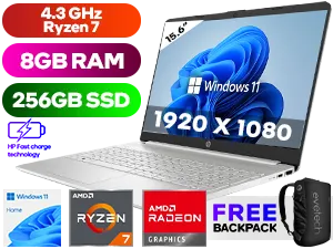 HP Laptop 15s-eq2013ni 7F193EA AMD Ryzen 7 5700U up to 4.3GHz Processor with AMD Max Boost Clock Technology, 12MB Cache, 8x Cores, 16x Threads / 8GB DDR4 RAM / 256GB Ultra-Fast NVME SSD / 15.6" FHD 1920 x 1080 IPS Anti-Glare Display / Integrated AMD Radeon™ Graphics / Windows 11 Home 64bit / Realtek 8822CE Wireless LAN / Bluetooth 5 / 1 x HDMI / 1 x  SuperSpeed USB Type C / 2 x SuperSpeed USB Type-A  / Multi-format SD Card Reader / 1x Headphone And Microphone Combo Jack / HP True Vision 720p HD camera with integrated dual array digital microphones / Full-size Natural Silver Keyboard with Numeric Keypad / No DVD Drive Included / HP 15s-eq2013ni Ryzen 7 Laptop Deal