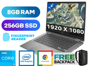 HP Chromebook x360 14c-cc0000ni 4U0D4EA 11th Generation i3-1125G4 up to 3.70GHz, 8MB Cache Processor, 4x Cores, 8x Threads / 8GB DDR4 RAM / 256GB Ultra-Fast SSD / 14" FHD 1920 x 1080 micro-edge, Corning Gorilla Glass 5™ IPS Display With Touchscreen / Intel® UHD Graphics / Intel Wi-Fi 6 AX201 Wireless LAN / Bluetooth 5 / Chrome OS™ / HP Wide Vision 720p HD camera with integrated dual array digital microphones / 1x SuperSpeed USB Type-A / 2x SuperSpeed USB Type-C / 1x microSD media card reader / 1x Headphone and Microphone Audio Combo Jack / No DVD Drive Included / Audio by Bang & Olufsen / Finger Print Reader / 1 Year Warranty / HP Chromebook x360 14c-cc0000ni Intel Core i3 Touchscreen Laptop Deal