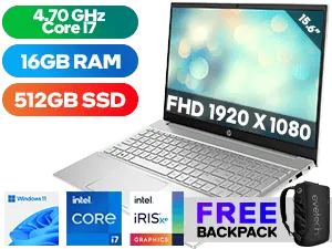 HP Pavilion 15-eg2019ni 12th Gen Intel Alder Lake Core i7-1255U up to 4.70GHz Processor, 12MB Cache, 10x Cores, 12x Threads / 16GB DDR4 RAM / 512GB Ultra-Fast NVMe SSD / 15.6" FHD 1920x1080 Anti-glare IPS-level Display / Integrated Intel Iris Xe Graphics, DirectX 12 Support / Windows 11 Home (64bit) / MediaTek Wi-Fi 6 Wireless LAN / Bluetooth 5.2 / HP Wide Vision 720p HD Camera with Integrated Dual Array Digital Microphones / 2x SuperSpeed USB Type-A / 1x USB Type-C / 1x HDMI / 1x Headphone and Microphone Audio Combo Jack / No DVD Drive Included / White Backlit Keyboard / 1 Year Warranty / HP Pavilion 15-eg2019ni 12th Gen Core i7 laptop Deal