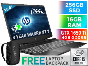 HP Pavilion Gaming 15-dk1009ni 10th Gen Intel Core i5 -10300H up to 4.5GHz Processor with Intel Turbo Boost Technology, 8MB Cache, 4x Cores, 8x Threads / 16GB DDR4 RAM / 256GB Ultra-Fast SSD + 1TB Hard Drive / 15.6" Full HD 1920x1080 Anti-glare 144Hz Refresh Rate With IPS-Level Display / NVIDIA GeForce GTX 1650 Ti 4GB GDDR6 DX12 Dedicated Graphics With Desktop Level Performance / Windows 10 Home 64bit / Intel Wi-Fi 6 AX201(2*2 ax) Wireless LAN / Bluetooth 5 / HP Wide Vision HD Camera with Integrated Dual Array Digital Microphone / 3x USB 3.1 Type-A / 1x USB 3.1 Type-C (DisplayPort™ 1.4) / 1x HDMI / 1x Headphone and Microphone Audio Combo Jack / Integrated GbE LAN / 1x Multi-format SD Card Reader / No DVD Drive Included / Full-size White Backlit Keyboard / Bang & Olufsen, Dual speakers, HP Audio Boost / HP Imagepad with multi-touch gesture support; Precision Touchpad Support / <span style="font-size:18px; color:red;">3 YEAR ON-SITE WARRANTY</span> / Supports battery fast charge: approximately 50% in 45 minutes / HP Pavilion Gaming 15 Core i5 GTX 1650 Ti Laptop 2C7B6EA