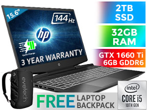 HP Pavilion Gaming 15-dk1011ni 10th Gen Intel Core i5-10300H up to 4.5GHz Processor with Intel Turbo Boost Technology, 8MB Cache, 4x Cores, 8x Threads / 32GB DDR4 RAM / 2TB Ultra-Fast SSD + 1TB Hard Drive / 15.6" Full HD 1920x1080 Anti-glare 144Hz Refresh Rate With IPS-Level Display / NVIDIA GeForce GTX 1660 Ti 6GB GDDR6 Dedicated Graphics / Windows 10 Home 64bit / Intel Wi-Fi 6 AX201(2*2 ax) Wireless LAN / Bluetooth 5 / HP Wide Vision HD Camera with Integrated Dual Array Digital Microphone / 3x USB 3.1 Type-A / 1x USB 3.1 Type-C (DisplayPort™ 1.4) / 1x HDMI / 1x Headphone and Microphone Combo Jack / Integrated GbE LAN / 1x Multi-format SD Card Reader / No DVD Drive Included / Full-size White Backlit Keyboard / Bang & Olufsen, Dual speakers, HP Audio Boost / HP Imagepad with multi-touch gesture support; Precision Touchpad Support / <span style="font-size:18px; color:red;">3 YEAR ON-SITE WARRANTY</span> / Supports battery fast charge: approximately 50% in 45 minutes / HP Pavilion Gaming 15 Core i5 GTX 1660 Ti Laptop 2C7B8EA