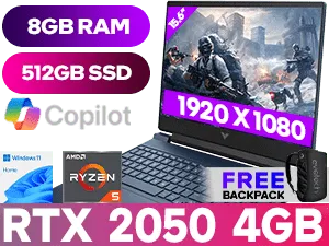 Victus by HP 15-fb1000ni Laptop AMD Ryzen 5 7535HS up to 4.55GHz Processor, 19MB Cache, 6x Cores, 12x Threads / 8GB DDR5 RAM / 512GB Ultra-Fast NVME SSD / 15.6" FHD 1920x1080 Anti-glare IPS-Level Display / NVIDIA GeForce RTX 2050 4GB GDDR6 Dedicated Graphics / Windows 11 Home 64bit  / MediaTek Wi-Fi 6E Wireless LAN / Bluetooth 5.3 / HD 720p Camera / 2x USB Type-A / 1x USB Type-C / 1x HDMI 2.1 / 1x Headphone and Microphone Combo Jack / 1x RJ45 Ethernet LAN / 1x SD Card Reader / White Backlit Keyboard / Bang & Olufsen, dual speakers, HP Audio Boost / 1 Year Warranty /HP Victus 15-fb1000ni Ryzen 5 RTX 2050 Gaming Laptop Deal