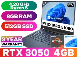 Victus by HP Laptop 15-fb0024ni AMD Ryzen 5 5600H up to 4.20GHz Processor, 19MB Cache, 6x Cores, 12x Threads / 8GB DDR4 RAM / 512GB Ultra-Fast NVME SSD / 15.6" FHD 1920x1080 Anti-glare 144Hz Refresh Rate With IPS-Level micro-edge Display / NVIDIA GeForce RTX 3050 4GB GDDR6 Dedicated Graphics / Windows 11 Home 64bit / Dual Band Wi-Fi 6 Wireless LAN / Bluetooth 5.3 / HP Wide Vision 720p Camera with Integrated Dual Array Digital Microphone / 2x SuperSpeed USB Type-A / 1x SuperSpeed USB Type-C / 1x HDMI 2.1 / 1x Headphone and Microphone Combo Jack / Integrated GbE LAN / 1x Multi-format SD Card Reader / No DVD Drive Included / White Backlit Keyboard / Bang & Olufsen, dual speakers, HP Audio Boost / Supports battery fast charge: approximately 50% in 30 minutes / HP Victus Ryzen 5 RTX 3050 Gaming Laptop