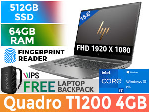 HP ZBook Fury 15 G8 314J1EA 11th Gen Intel Core i7-11800H up to 4.60GHz Processor, 24MB Cache, 8x Cores, 16x Threads / 64GB DDR4 RAM / 512GB Ultra-Fast NVMe SSD / 15.6" FHD 1920x1080 Anti-Glare IPS-Level Display / NVIDIA Quadro T1200 4GB GDDR6 Dedicated Workstation Graphics Card / <span style="color:blue; font-size: 18px;">Windows 10 Professional</span> / Intel Wi-Fi 6 AX201 Wireless LAN / Bluetooth 5.2 / 720p HD Web Camera / 2x USB Type-A / 2x USB Type-C Thunderbolt 4 / 1x Mini DisplayPort 1.4 / 1x RJ-45 Port / 1x HDMI / 1x Audio and Microphone Combo Jack / 1x SD Card Reader / 1x Smart Card Reader / No DVD Drive Included / <span style="color:#f300f0; font-size:22px;">Finger Print Reader</span> / Full-size White Backlit Keyboard / Audio by Bang & Olufsen with Digital Microphone  / Supports battery fast charge: approximately 50% in 45 minutes / HP ZBook Fury 15 G8 Quadro T1200 Workstation Laptop 314J1EA Deal