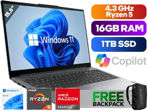 Lenovo IdeaPad 1 15AMN7 AMD Ryzen 5 7520U up to 4.30GHz Processor, 6MB Cache, 4x Cores, 8x Threads / 16GB DDR5 RAM / 1TB Ultra-Fast NVME SSD / 15.6" HD 1920x1080 Anti-Glare Display / Integrated AMD Radeon Graphics / Windows 11 Home (64bit) / HD 720p / Realtek Dual-Band Wi-Fi 6 Wireless LAN / Bluetooth 5.2 / 2x USB Type-A / 1x USB Type-C / 1x HDMI  / 1x Headphone Audio & Microphone Combo Jack / 1x SD Card Reader / 2x 1.5W Speaker With Dolby Audio / Non-Backlit Keyboard / Lenovo IdeaPad 1 15IAU7 Ryzen 5 Laptop Deal