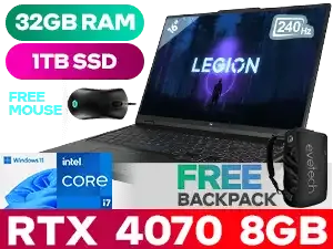 Lenovo Legion Pro 5 16IRX8 82WK00DQSA 13th Gen Intel Core i7-13700HX up to 5.00GHz Processor, 30MB Cache, 16x Cores, 24x Threads / 32GB DDR5 RAM / 1TB Ultra-Fast NVMe SSD / 16" WQXGA (2560x1600) Anti-glare 240Hz IPS-Level Display / NVIDIA 40 Series GeForce RTX 4070 8GB GDDR6 Dedicated Graphics / Windows 11 Home (64bit) / 1080P With E-Camera Shutter Switch With Dual Array Microphone / Intel Wi-Fi 6E Wireless LAN / Bluetooth 5.1 / 4 x USB 3.2 Type-A / 2 x USB 3.2 Type-C / 1 x HDMI / 1 x RJ45 / Headphone Audio & Microphone Combo Jack / RGB Backlit Keyboard / 2x 2W Speaker With Nahimic Audio / FREE Lenovo Legion M300 RGB Gaming Mouse / Lenovo Legion Pro 5 16IRX8 Core i7 RTX 4070 Gaming Laptop Deal