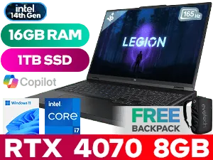 Lenovo Legion Pro 5 16IRX9 14th Gen Intel Core i7-14700HX up to 5.5GHz Processor, 33MB Cache, 20x Cores, 28x Threads / 16GB DDR5 RAM / 1TB Ultra-Fast NVMe SSD / 16" WQXGA (2560x1600) Anti-glare 165Hz IPS-Level Display / NVIDIA 40 Series GeForce RTX 4070 8GB GDDR6 Dedicated Graphics / Windows 11 Home (64bit) / FHD 1080p with Privacy Shutter Camera / Intel Wi-Fi 6E AX211 Wireless LAN / Bluetooth 5.2 / 4 x USB 3.2 Type-A / 2 x USB 3.2 Type-C / 1 x HDMI / 1 x RJ45 / 1 x Headphone Audio & Microphone Combo Jack / 4-Zone RGB Backlit Keyboard / 2x 2W Speaker With Nahimic Audio / FREE Lenovo Legion Mouse Pad / Lenovo Legion Pro 5 16IRX9 Core i7 RTX 4070 Gaming Laptop Deal