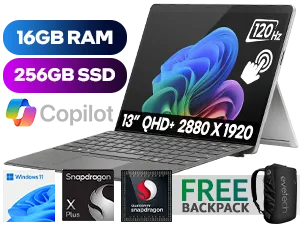 Microsoft Surface Pro 11 Qualcomm® Snapdragon X Plus up to 4.00GHz Processor, 42MB Cache, 10x Cores / 16GB LPDDR5X RAM / 256GB Ultra-Fast NVME SSD / 13-inch QHD+ (2880 x 1920) PixelSense™ 120Hz Flow Touch Display / Integrated Qualcomm Adreno Graphics / Windows 11 Home 64bit / Surface Pro Wi-Fi 7 / Bluetooth 5.4 / 2 x USB Type-C with Thunderbolt™ 4 / 1 x Surface Connect port / 1 x Surface Pro Keyboard port / Nano SIM / Dual studio microphones / Front-Facing Camera With 1440p full HD video / 10.0MP Ultra HD Rear-Facing Camera / 1 Year Warranty / Microsoft Surface Pro 11 Snapdragon X Plus 2-in-1 Laptop Tablet Deal