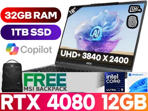 MSI Creator 16 AI Studio A1VHG Ultra 9-185H up to 5.10GHz Processor, 24MB Cache, 16x Cores, 22x Threads / 32GB DDR5 RAM / 1TB Ultra-Fast NVME SSD / 16" UHD+ (3840 x 2400) MiniLED 120Hz Display / NVIDIA 40 Series GeForce RTX 4080 12GB GDDR6 Dedicated Graphics / Windows 11 Home (64bit) / White Single Backlit Keyboard / IR FHD type (30fps@1080p) / Bluetooth 5.4 / Intel® Killer™ BE Wi-Fi 7 Wireless LAN / 1 x Mic-in/Headphone-out Combo Jack / 1x USB3.2 Type-C (DP) / 1x USB Type-C (Thunderbolt 4, DP) with PD charging / 1x USB 3.2 Type-A / 1 x HDMI / 1 x Micro SD Card Reader / Nahimic Next Level Audio / Fingerprint Reader / 2 Years Warranty / Free MSI Backpack / MSI Creator 16 AI Studio A1V Core Ultra 9 RTX 4080 Gaming Laptop Deal