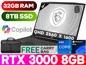 MSI CreatorPro M16 B13VK 13th Gen Intel Core i7-13700H up to 5.00GHz Processor, 24MB Cache, 14x Cores, 20x Threads / 32GB DDR5 RAM / 8TB Ultra-Fast NVMe SSD / 16" QHD+ (2560 x 1600) IPS Level Display / NVIDIA RTX 3000 Ada Generation 8GB GDDR6 Dedicated Workstation Graphics Card / <span style="font-size: 20px; color: #00BFFF; font-weight: bold;">Windows 11 Professional (64bit)</span> / HD Web Camera / Intel Wi-Fi 6 Wireless LAN / Bluetooth v5.2 / 3x USB Type-A / 1x USB Type-C (USB3.2 Gen1 / DP) / 1x HDMI 2.1 / 1x RJ45 / 1x Mic-in/Headphone-out Combo Jack / Fingerprint Reader / Full-size White Backlight Keyboard / 2x 2W Speaker / FREE MSI Carry Backpack / MSI CreatorPro M16 B13VK RTX 3000 Workstation Laptop Deal