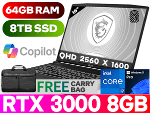 MSI CreatorPro M16 B13VK 13th Gen Intel Core i7-13700H up to 5.00GHz Processor, 24MB Cache, 14x Cores, 20x Threads / 64GB DDR5 RAM / 8TB Ultra-Fast NVMe SSD / 16" QHD+ (2560 x 1600) IPS Level Display / NVIDIA RTX 3000 Ada Generation 8GB GDDR6 Dedicated Workstation Graphics Card / <span style="font-size: 20px; color: #00BFFF; font-weight: bold;">Windows 11 Professional (64bit)</span> / HD Web Camera / Intel Wi-Fi 6 Wireless LAN / Bluetooth v5.2 / 3x USB Type-A / 1x USB Type-C (USB3.2 Gen1 / DP) / 1x HDMI 2.1 / 1x RJ45 / 1x Mic-in/Headphone-out Combo Jack / Fingerprint Reader / Full-size White Backlight Keyboard / 2x 2W Speaker / FREE MSI Carry Backpack / MSI CreatorPro M16 B13VK RTX 3000 Workstation Laptop Deal