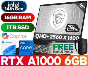 MSI CreatorPro M16 C14VIG 14th Gen Intel Core i7-14700HX up to 5.50GHz Processor, 33MB Cache, 20x Cores, 28x Threads / 16GB DDR5 RAM / 1TB Ultra-Fast NVMe SSD / 16" QHD+ (2560 x 1600) 240Hz Ani-Glare IPS Level Display / NVIDIA RTX 1000 ADA Generation 6GB GDDR6 Dedicated Workstation Graphics Card / Windows 11 Home (64bit) / HD 720p Web Camera / Intel AX211 Wi-Fi 6E Wireless LAN / Bluetooth v5.3 / 3x USB Type-A / 1x USB Type-C / 1x HDMI / 1x RJ45 / 1x Microphone and Headphone Combo Jack / Full-size White Backlight Keyboard / 2x 2W Speaker / 2 Year Warranty / MSI CreatorPro M16 RTX A2000 Core i7 Workstation Laptop