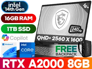 MSI CreatorPro M16 C14VJG 14th Gen Intel Core i7-14700HX up to 5.50GHz Processor, 33MB Cache, 20x Cores, 28x Threads / 16GB DDR5 RAM / 1TB Ultra-Fast NVMe SSD / 16" QHD+ (2560 x 1600) 240Hz Ani-Glare IPS Level Display / NVIDIA RTX 2000 ADA Generation 8GB GDDR6 Dedicated Workstation Graphics Card / Windows 11 Home (64bit) / HD 720p Web Camera / Intel AX211 Wi-Fi 6E Wireless LAN / Bluetooth v5.3 / 3x USB Type-A / 1x USB Type-C / 1x HDMI / 1x RJ45 / 1x Microphone and Headphone Combo Jack / Full-size White Backlight Keyboard / 2x 2W Speaker / 2 Year Warranty / MSI CreatorPro M16 RTX A2000 Core i7 Workstation Laptop