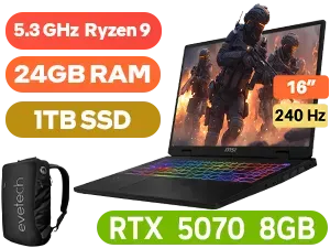 MSI Crosshair A16 HX D8WGKG AMD Ryzen 9 RTX 5070 Gaming Laptop with 24GB RAM - Image 1
