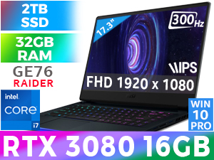 MSI GE76 Raider 11UH 11th Gen Intel Core i7-11800H up to 4.60GHz Processor, 24MB Cache, 8x Cores, 16x Threads / 32GB DDR4 RAM / 2TB Ultra-Fast NVMe SSD / 17.3" Full HD (1920 x 1080) Anti-Glare 300Hz IPS-Level Display / NVIDIA 30 Series GeForce RTX 3080 16GB GDDR6 Graphics With Desktop Level Performance / <span style="font-size: 18px; color: #e018ec;">Windows 10 Professional (64bit)</span> / Killer ax Wi-Fi 6E Wireless LAN / Bluetooth v5.1 / Killer Gb LAN / HD (30fps@720p) Web Camera / Steelseries Per Key <span style="font-size: 20px; color: rgb(255, 0, 0);">R</span><span style="font-size: 20px; color: rgb(51, 153, 0);">G</span><span style="font-size: 20px; color: rgb(51, 102, 255);">B</span></span> Backlit Gaming Keyboard / 2 x Type-A USB 3.2 Gen1 / 1 x Type-A USB 3.2 Gen2 / 2 x Type-C USB 3.2 Gen2 / 1 x HDMI (4K @ 60Hz) / 1 x Mini DisplayPort / 1 x Headphone  and Microphone Combo Jack / 1 x Multi-format SD (XC/HC) Card Reader / Virtual Surround Sound Powered by Nahimic 3 / 2x 3W GIANT Speakers; 2x 3W Woofer / Advance Cooler Boosts 5 Cooling System / <span style="color:blue; font-size:18px;">2 Year MSI Warranty</span> / FREE MSI Gaming Backpack / MSI GE76 Raider 11UH 11th Gen Core i7 RTX 3080 Gaming Laptop