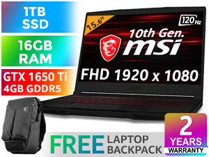 MSI GF63 Thin 10SCSR 10th Gen Intel Core i7-10750H up to 5.00GHz Processor, 12MB Cache, 6x Cores, 12x Threads / 16GB DDR4 RAM / 1TB Ultra-Fast NVMe SSD / 15.6" FHD 1920x1080 Anti-Glare 120Hz IPS Level Thin-Bezel Display /  NVIDIA GeForce GTX 1650 Ti 4GB GDDR6 DX12 Dedicated Graphics / Windows 10 Home 64bit / Single RED Color Backlit Gaming Keyboard / HD Web Camera (30fps@720p) / Bluetooth v5.1 / 802.11 ax Wi-Fi 6 Wireless LAN / 3 x USB 3.2 Type-A / 1 x USB 3.2 Type-C / 1 x HDMI / 1x Microphone jack & 1x Headphone jack / Nahimic 3 Audio Boost + 2 x 2W Speaker / <span style="color:blue; font-size: 18px;">2 Year MSI Warranty</span> / FREE MSI Gaming Backpack / MSI GF63 Thin 10SCSR  Core i7 GTX 1650 Ti Gaming Laptop