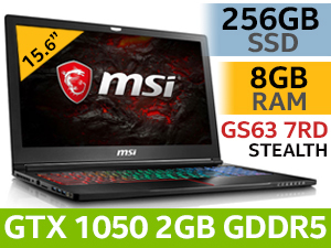 MSI GS63 7RD Stealth Intel 7th Generation Kabylake i7-7700HQ up to 3.80GHz 8x Threads Processor / 8GB DDR4 RAM / 256GB Ultra-Fast SSD / 15.6" FHD 1920x1080 Anti-Glare IPS-Level Display / GeForce GTX 1050 2GB GDDR5 Graphics With Desktop Level Performance / Full-color backlight SteelSeries keyboard / 720p HD Webcam / Bluetooth 4.2 / SD (XC/HC) Card Reader / Killer ac Wi-Fi / 1x USB 3.1 Type-C / 3x USB 3.0 Type-A / 1x USB 2.0 Type-A / 1x HDMI / 1x Mini-DisplayPort / 2x 2W Speaker / Windows 10 Home 64bit / <span style="color:blue; font-size: 18px;">2 Year Fetch &amp; Repair MSI Warranty</span> / Audio by Nahimic 2 Sound Technology / Matrix Display Supporting 4K Output up to 3 External Monitors / Exclusive Cooler Boost Trinity Technology / FREE Gaming Backpack / MSI GS63 7RD GTX 1050 Gaming Laptop