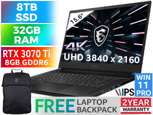 MSI GS66 Stealth 12UGS 12th Gen Intel Core i9-12900H up to 5.00GHz Processor, 24MB Cache, 14x Cores, 20x Threads / 32GB DDR5 RAM / 8TB Ultra-Fast NVME SSD / 15.6" UHD 4K (3840 x 2160) Anti-Glare With IPS-Level Display / NVIDIA 30 Series GeForce RTX 3070 Ti 8GB GDDR6 Dedicated Graphics / <span style="color:blue; font-size: 17px;">Windows 11 Professional (64bit)</span> / Steelseries Per Key <span style="font-size: 20px; color: rgb(255, 0, 0);">R</span><span style="font-size: 20px; color: rgb(51, 153, 0);">G</span><span style="font-size: 20px; color: rgb(51, 102, 255);">B</span></span> Backlit Gaming Keyboard / HD Web Camera (30fps@720p) / Bluetooth 5.2 / Killer Gb LAN / Intel Wi-Fi 6E AX1675 Wireless LAN / 1 x Mic-in/Headphone-out Combo Jack / 2 x Type-C USB3.2 Gen2 / 1 x Type-C (USB3.2 Gen2 / DP / Thunderbolt™3) / 2 x Type-A USB3.2 Gen2 / 1 x HDMI / Fingerprint Reader / Nahimic 3 Audio by Dynaudio sound system / <span style="color:red; font-size: 18px;">2 Year MSI Warranty</span> / Cooler Boost Trinity+ Technology / FREE MSI Gaming Backpack / MSI GS66 Stealth 12th Gen Core i9 RTX 3070 Ti Gaming Laptop Deal