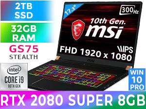 MSI GS75 Stealth 10SGS 10th Gen Intel Core i9-10980HK up to 5.3GHz Processor, 16MB Cache, 8x Cores, 16x Threads / 32GB DDR4 RAM / 2TB Ultra-Fast NVME SSD / 17.3" FHD 1920x1080 300Hz Refresh Rate With Anti-Glare IPS-Level Thin Bezel Display / NVIDIA 20 Series GeForce RTX 2080 Super 8GB GDDR6 Dedicated Graphics / <span style="color :red; font-size: 17px;">Windows 10 Professional (64bit)</span> / Steelseries Per Key <span style="font-size: 20px; color: rgb(255, 0, 0);">R</span><span style="font-size: 20px; color: rgb(51, 153, 0);">G</span><span style="font-size: 20px; color: rgb(51, 102, 255);">B</span></span> Backlit Gaming Keyboard / 720p HD Webcam / Bluetooth v5.1 / Micro SD Card Reader / Killer ax Wireless LAN / 1 x HDMI / 3 x USB 3.2 Gen1 Type-A / 1 x USB 3.2 Gen 2 Type-C / 1 x USB 3.2 Gen 2 Type-C (Thunderbolt™3) / 1 x Microphone & 1 x Headphone Audio jack / 1 x Killer Gb LAN / 3D Surround Sound Powered by Nahimic 3 + 2x 2W DYNAUDIO Speakers / Up to 8 Hours Battery Life / <span style="font-size: 18px; color: blue;">2 Years MSI Warranty </span> / FREE MSI Gaming Backpack / MSI GS75 Stealth 10SGS Core i9 RTX 2080 Super Gaming Laptop