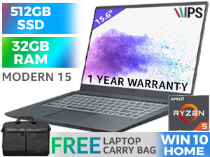 MSI Modern 15 A5M AMD Ryzen 5 5500U up to 4.0GHz Processor with AMD Max Boost Clock Technology, 11MB Cache, 6x Cores, 12x Threads / 32GB DDR4 RAM / 512GB Ultra-Fast NVMe SSD / 15.6" Full HD (1920 x 1080) Anti-Glare Thin Bezel IPS-Level Display / Integrated AMD Radeon™ Graphics / Windows 10 Home (64bit) / Wi-Fi 6 AX200 Wireless LAN / Bluetooth v5.1 / Single White Color Backlit Keyboard / HD (30fps@720p) Web Camera / Micro SD Card Reader / 1 x HDMI / 3x USB Type-A / 1x USB Type-C / 1x Audio Combo Jack / 2x 2W Speaker / Ultra Light Weight (1.6kg) / 1 Year Warranty / FREE MSI Carry Backpack / MSI Modern 15 A5M Ryzen 5 Professional Laptop