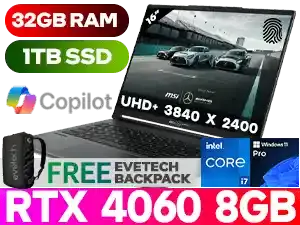 MSI Stealth 16 Mercedes AMG A13VF 13th Gen Intel Raptor Lake Core i7-13700H up to 5.00GHz Processor, 24MB Cache, 14x Cores, 20x Threads / 32GB DDR5 RAM / 1TB Ultra-Fast NVME SSD / 16.0" UHD+ (3840 x 2400) IPS-Level OLED Display / NVIDIA 40 Series GeForce RTX 4060 8GB GDDR6 Dedicated Graphics / <span style="font-size: 20px; color: #00BFFF; font-weight: bold;">Windows 11 Professional (64bit)</span> / Fingerprint Reader / Per-Key RGB Gaming Keyboard by SteelSeries / FHD IR Camera / Bluetooth 5.3 / Wi-Fi 6E Wireless LAN / 1x Mic-in/Headphone-out Combo Jack / 1x USB Type-C (DP) / 1x Type-C (USB / DP / Thunderbolt™ 4) With PD Charging / 1x USB 3.2 Type-A / 1x HDMI / 1x Micro SD Card Reader / Nahimic Next Level Audio  / 2 Year Warranty  / Free MSI AMG Gaming Mouse <span style="color:RED; font-size: 20px;">+</span> Free MSI AMG Dual Drive <span style="color:RED; font-size: 20px;">+</span> Free MSI AMG Pouch <span style="color:RED; font-size: 20px;">+</span> Free MSI AMG Mouse Pad / MSI Stealth 16 Mercedes AMG A13VF Core i7 RTX 4060 Gaming Laptop Deal