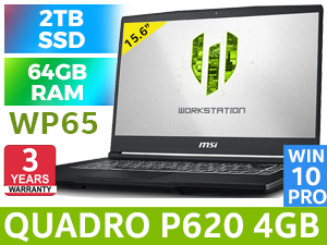 MSI WP65 9TH 9th Gen Intel Core i7-9750H up to 4.5GHz Processor, 12MB Cache, 6x Cores, 12x Threads / 64GB DDR4 RAM / 2TB Ultra-Fast NVME SSD + 1TB 7200RPM HDD / 15.6" FHD 1920x1080 Anti-Glare Wide View Display / NVIDIA Quadro P620 4GB GDDR5 Desktop Class Workstation Graphics Card / <span style="color:red; font-size: 18px;">Windows 10 Professional</span> /  Steelseries Full Size Single WHITE Color Backlit Keyboard with Silver Lining Print / HD Web Camera With Array Mic / Bluetooth v5.0 / Intel 802.11 ac Wireless LAN / 1 x USB 3.2 Type-C / 3 x USB 3.2 Type-A / 1 x HDMI / 2 x 2W Speakers  / <span style="color:blue; font-size: 18px;">3 Year MSI Fetch & Repair Warranty</span> / Cooler Boost 5 Technology / FREE MSI Workstation Carry Bag / MSI WP65 9TH Core i7 Professional Workstation Laptop