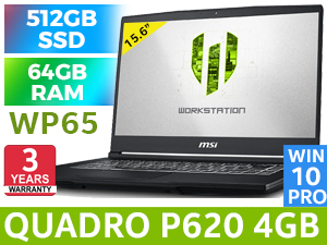 MSI WP65 9TH 9th Gen Intel Core i7-9750H up to 4.5GHz Processor, 12MB Cache, 6x Cores, 12x Threads / 64GB DDR4 RAM / 512GB Ultra-Fast NVME SSD + 1TB 7200RPM HDD / 15.6" FHD 1920x1080 Anti-Glare Wide View Display / NVIDIA Quadro P620 4GB GDDR5 Desktop Class Workstation Graphics Card / <span style="color:red; font-size: 18px;">Windows 10 Professional</span> /  Steelseries Full Size Single WHITE Color Backlit Keyboard with Silver Lining Print / HD Web Camera With Array Mic / Bluetooth v5.0 / Intel 802.11 ac Wireless LAN / 1 x USB 3.2 Type-C / 3 x USB 3.2 Type-A / 1 x HDMI / 2 x 2W Speakers  / <span style="color:blue; font-size: 18px;">3 Year MSI Fetch & Repair Warranty</span> / Cooler Boost 5 Technology / FREE MSI Workstation Carry Bag / MSI WP65 9TH Core i7 Professional Workstation Laptop