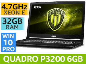 MSI WT75 8SK 8th Generation Xeon E-2176G up to 4.7GHz Processor 12MB Cache, 6x Cores, 12x Threads / 32GB DDR4 RAM / 1TB 7200RPM HDD / 17.3" FHD 1920x1080 Anti-Glare 3ms 120Hz Wideview Display / NVIDIA Quadro P3200 6GB GDDR5 Desktop Class Workstation Graphics Card / <span style="color:red; font-size: 18px;">Windows 10 Professional</span> / Steelseries Full Size Single WHITE Color Backlit Keyboard with Silver Lining Print / Full HD (30fps@1080p) Web Camera / Bluetooth v5.0 / SD Card Reader / 802.11 ac Wireless LAN / 1 x USB 3.1 Type-C with Thunderbolt 3 / 5 x USB 3.1 Type-A / 1 x Mini Displayport / 1 x HDMI 4K @60Hz / 2 x 3W Speakers + 1x 5W Woofer / 1 x Headphone Jack ESS Sabre HiFi / Discrete TPM 2.0 Enterprise-grade Security + Finger Print Reader with Windows Hello Certified / <span style="color:blue; font-size: 18px;">3 Year MSI Fetch & Repair Warranty</span> / Cooler Boost 5 Technology / FREE Workstation Carry Bag / MSI WT75 8SK Xeon Professional Workstation Laptop