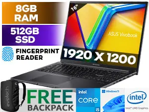 ASUS Vivobook 16 X1605VA 13th Gen Intel Core i5-1335U up to 4.60GHz Processor, 12MB Cache, 10x Cores, 12x Threads / 8GB DDR4 RAM / 512GB Ultra-Fast NVMe SSD / 16" WUXGA (1920 x 1200) Anti-glare Display / Integrated Intel UHD Graphics / Windows 11 Home (64bit) / White Backlit Keyboard / Bluetooth v5 / Intel Wireless-AC 9462 Wireless LAN / 720p HD camera With privacy shutter / 3 x USB Type-A / 1x USB Type-C / 1 x HDMI / 1x Microphone and Headphone Combo jack / SonicMaster Audio / ASUS Vivobook 16 Core i5 Laptop Deal