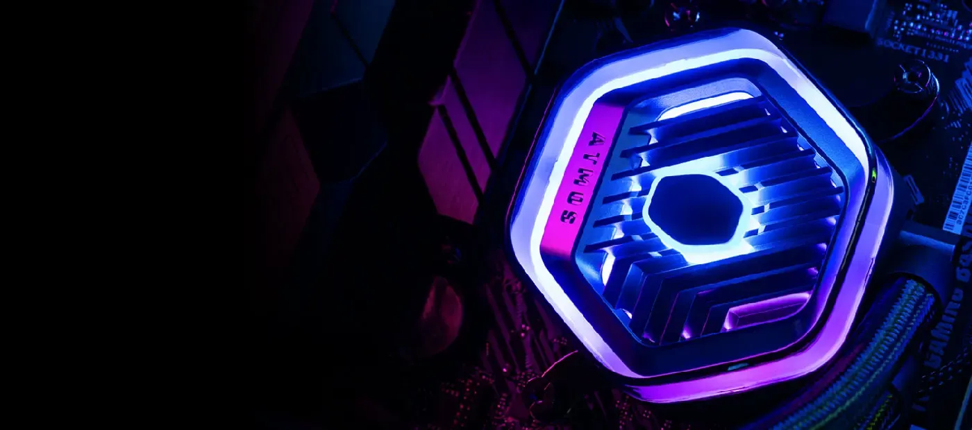 MasterLiquid 240 Atmos ARGB cooler installed and running inside a PC build