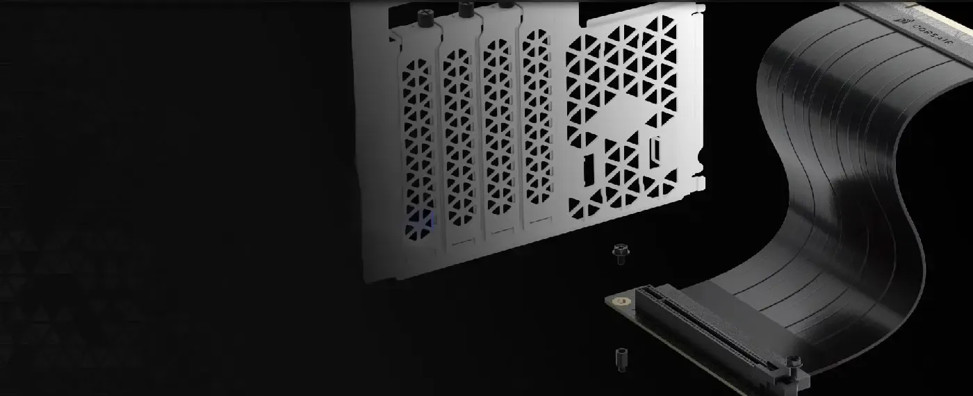 Corsair 2500 Series Vertical GPU Mount Kit in black with its vertical bracket and PCIe riser cable