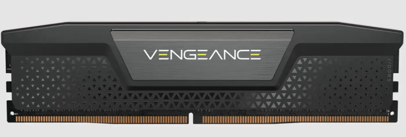 Corsair Vengeance DDR5 memory module in black shown at an angle