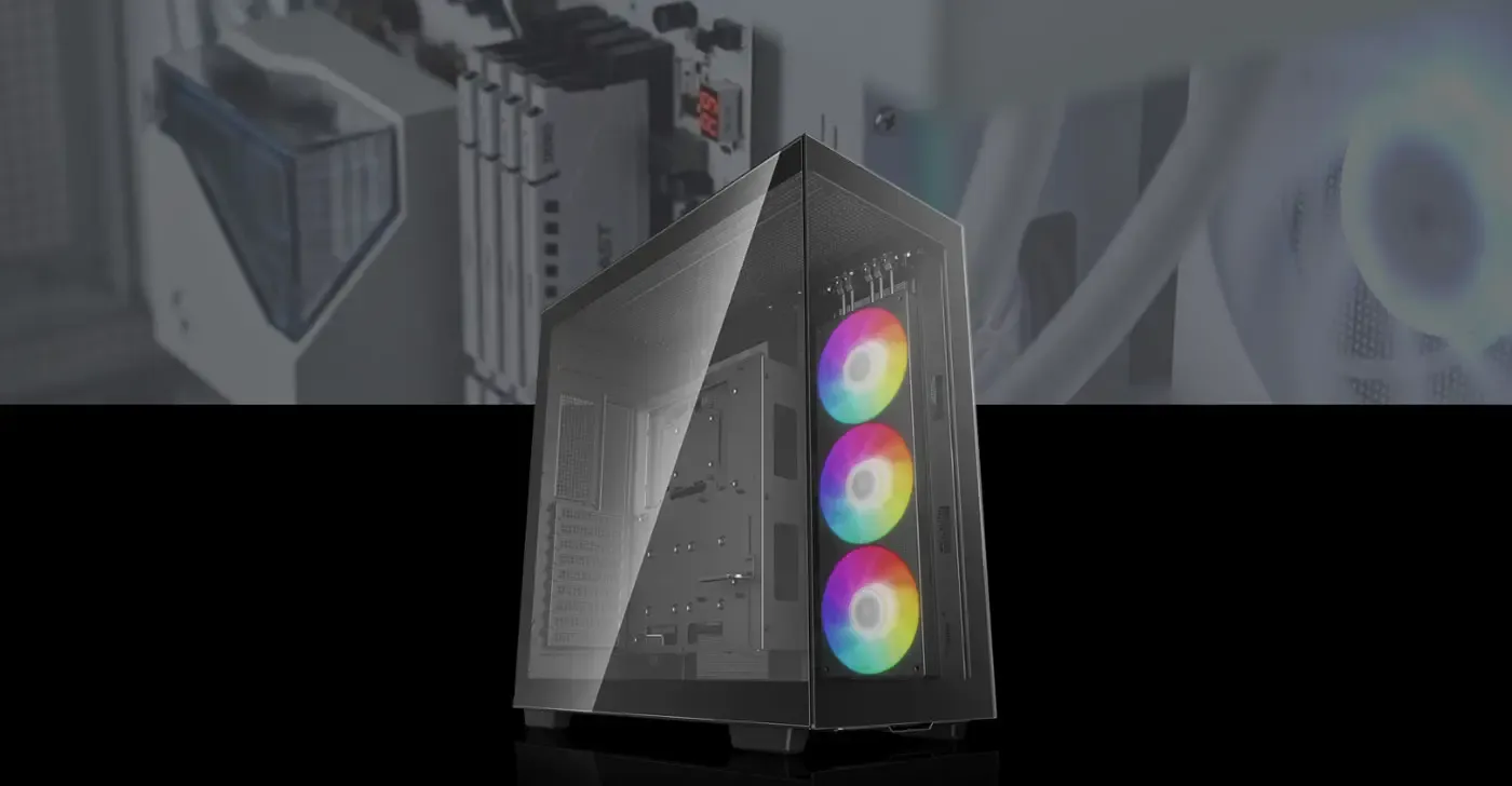 DeepCool CH780 ATX+ panoramic case shown in black from the front three-quarter angle
