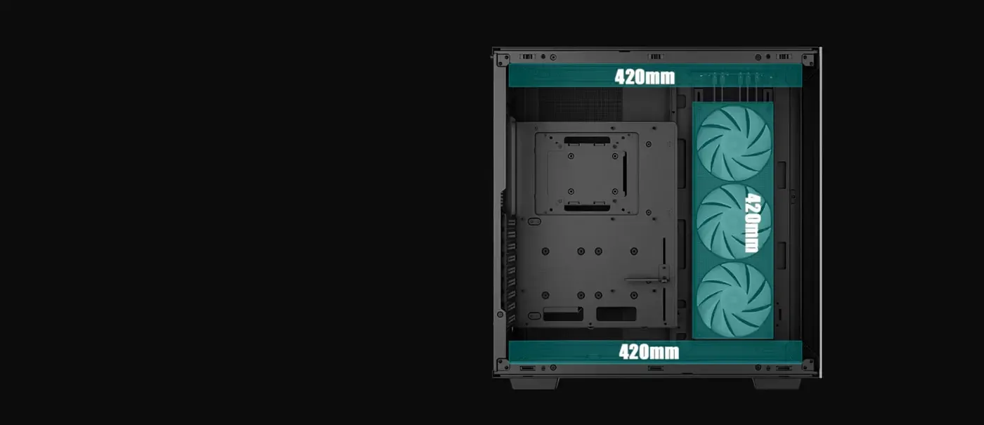 Modular fan rails inside the CH780 with multiple 140mm fan mounting positions
