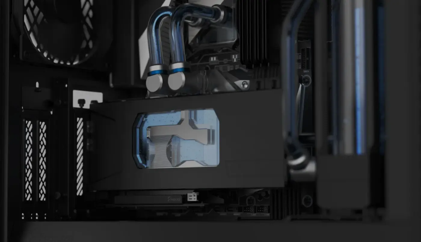 Graphics card mounted vertically on the Fractal Design Flex B-20 riser