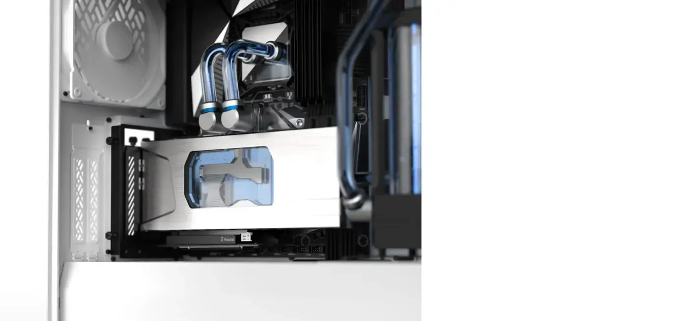 Full-length graphics card on the Flex B-20 riser with clearance from the side panel