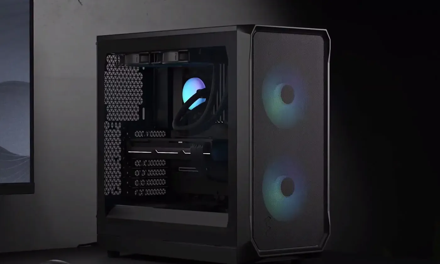 Fractal Design Focus 2 TG case shown in full with its clear-tint tempered glass panel