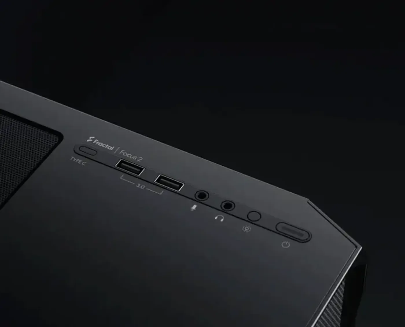 Front I/O panel of the Focus 2 with USB 3.0 ports and audio jacks