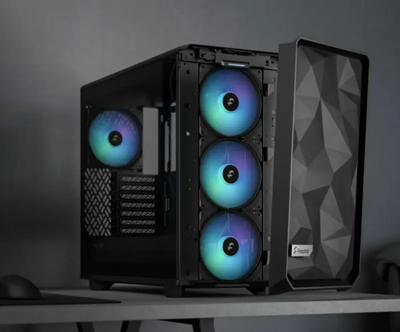 Side view of the Meshify 2 Lite showing the angular mesh front panel and fan positions