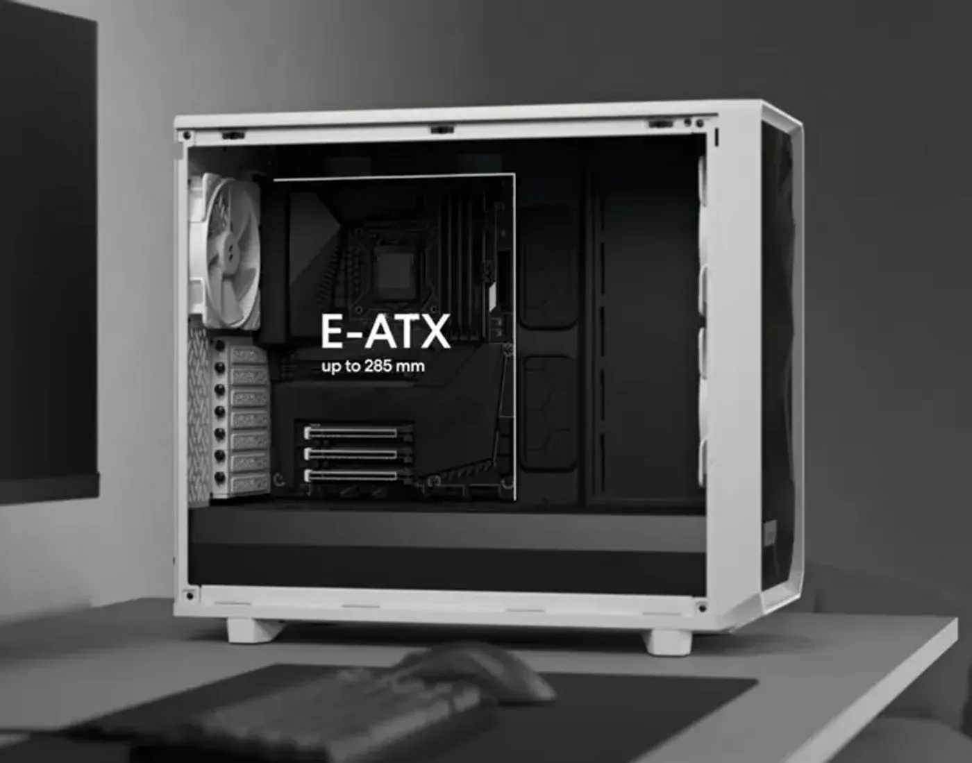 Interior of the Meshify 2 Lite showing motherboard tray, radiator space and the ventilated PSU shroud