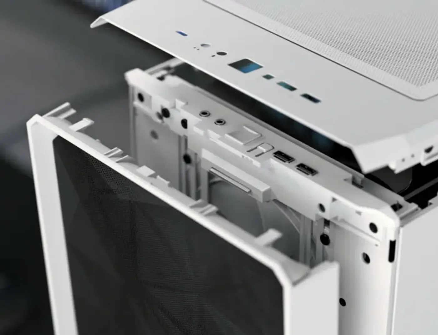 Front I/O connections on the Meshify 2 Lite, separated from the front panel assembly