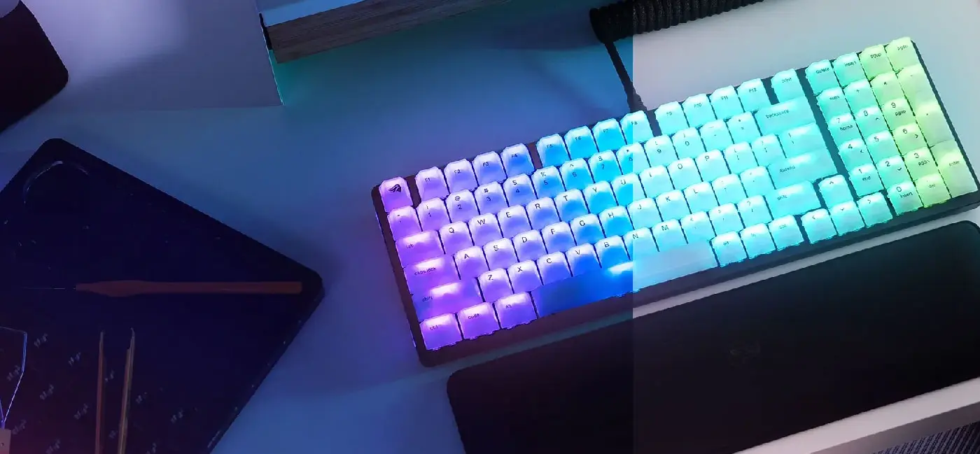 GLORIOUS Polychroma Keycaps displayed with RGB lighting