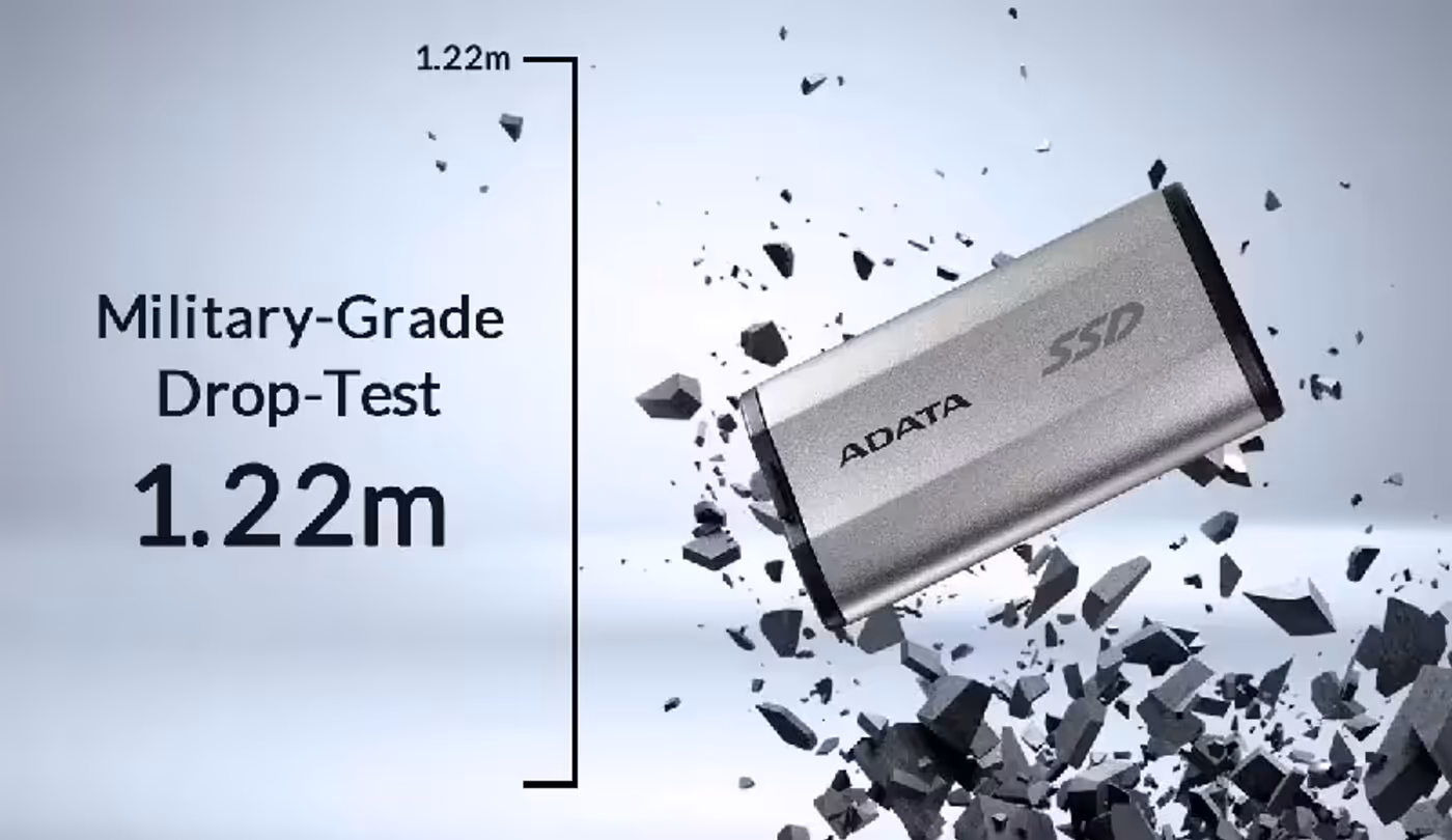 ADATA SD810 2TB SSD illustrating its military standard impact resistance