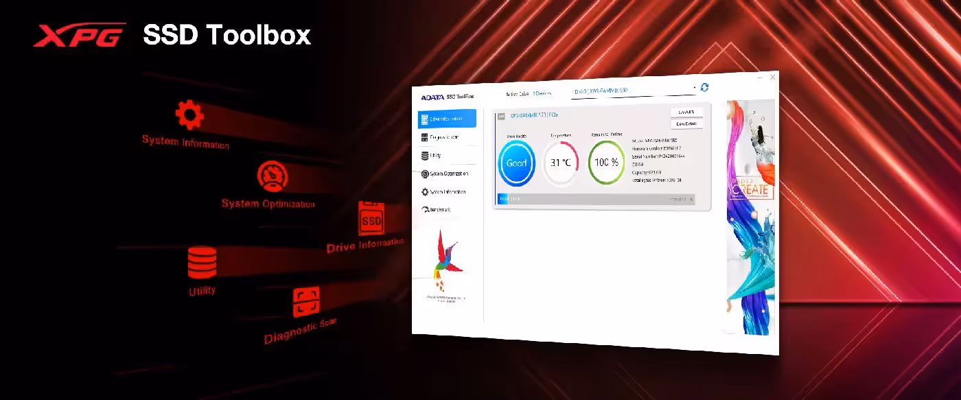 ADATA SSD Toolbox monitoring the GAMMIX S55 drive health and temperature
