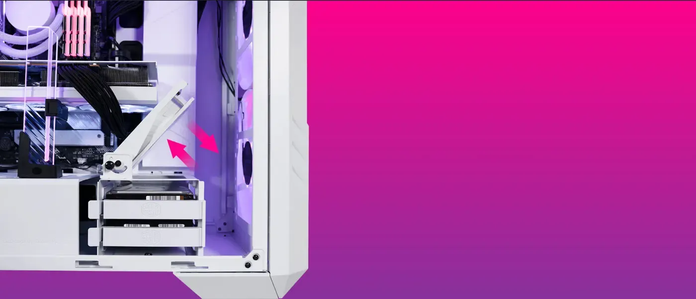 An adjustable internal fan bracket showing a 120mm fan targeting the graphics card zone