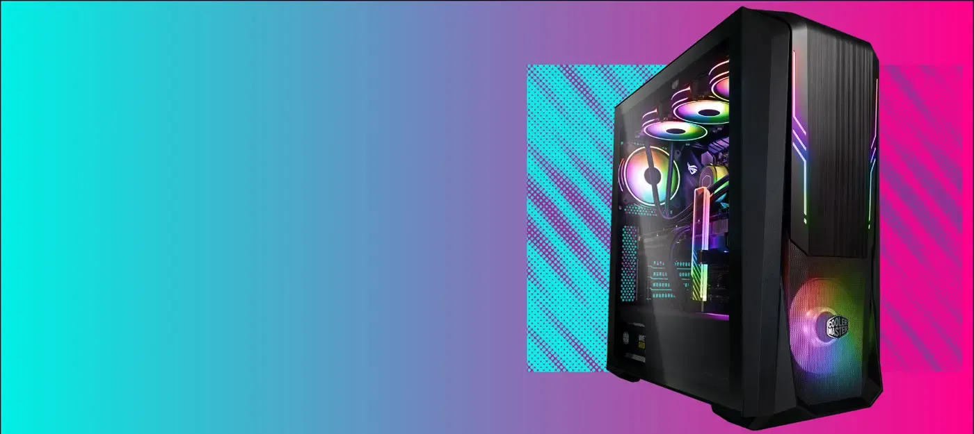 MasterBox 500 gaming case displaying internal components and dynamic front ARGB circuit lines.